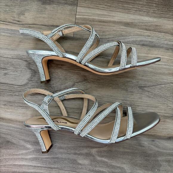 Mina Bloom Silver Sparkly Heels Embellished Kitten Heel - Picture 6 of 6